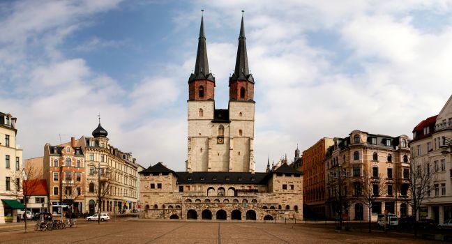 German city Halle (Saale) with square Hallmarkt and church Marktkirche. 