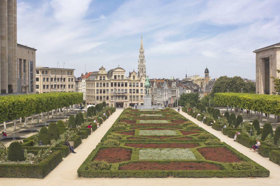 View of the Lower Town with the spire of the City Hall seen from the Mont des Arts (Arts Mountain) in Brussels, Belgium