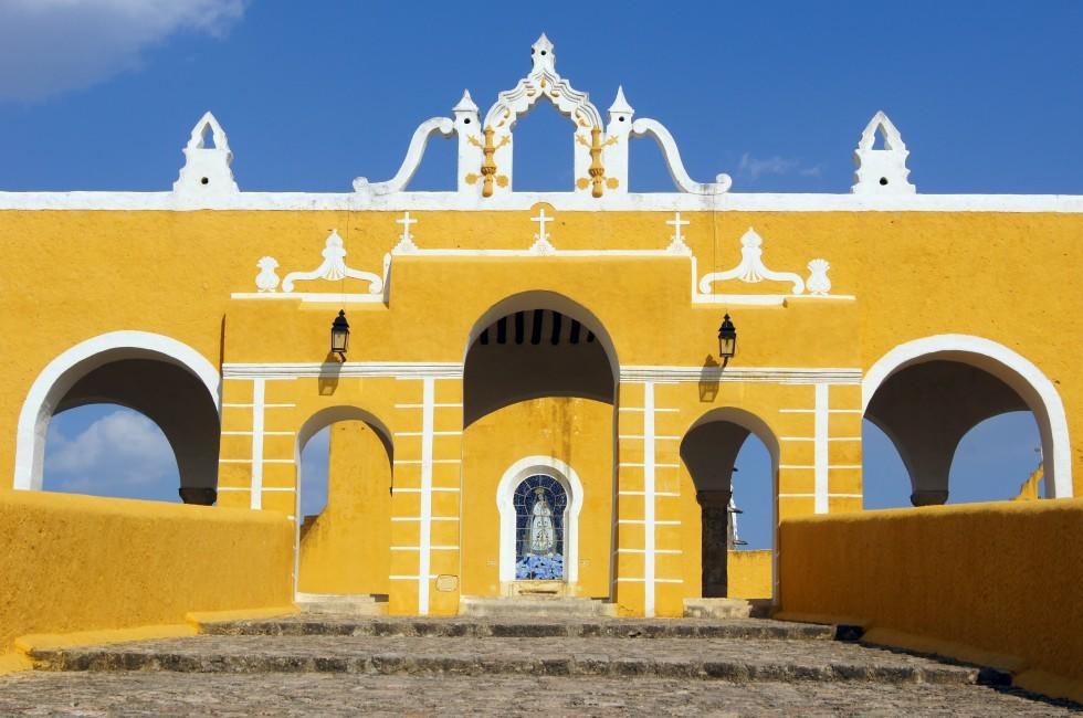 Staircase and entrance of monastery in Izamal, Mexico.