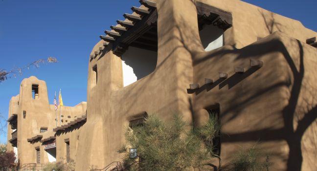 Museum of Art in Santa Fe New Mexico with adobe style architecture.