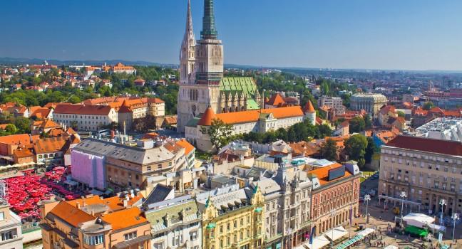 Zagreb main square and cathedral aerial view, Croatia