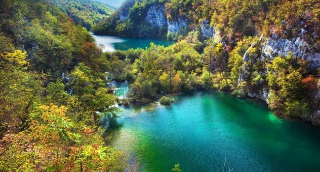 Lakes in forest. Crystal clear water. Plitvice lakes, Croatia