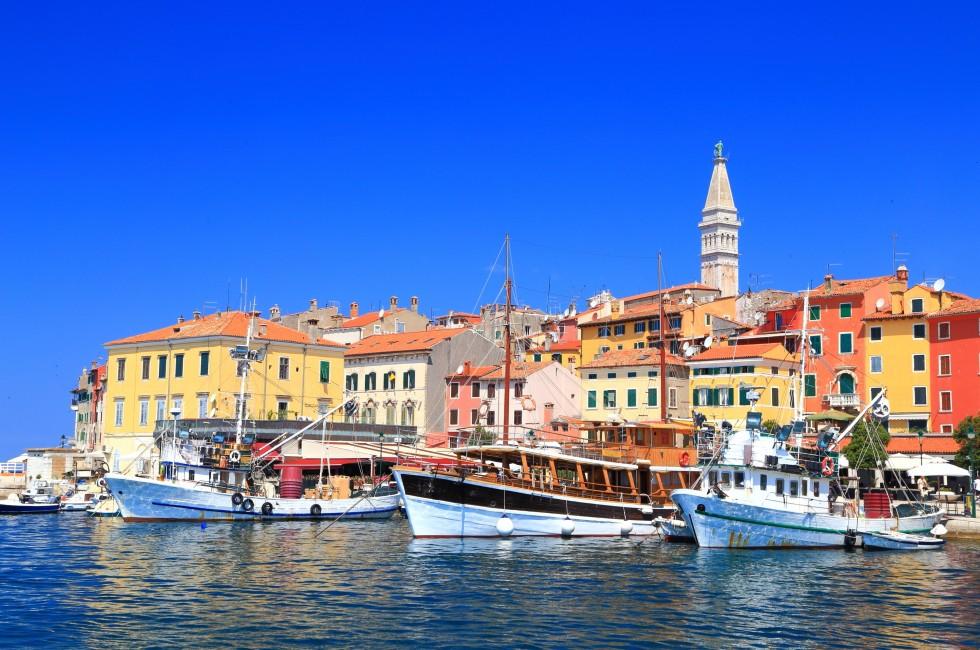Tourist and fishing vessels in the harbor of Venetian town near the Adriatic sea, Rovinj, Croatia