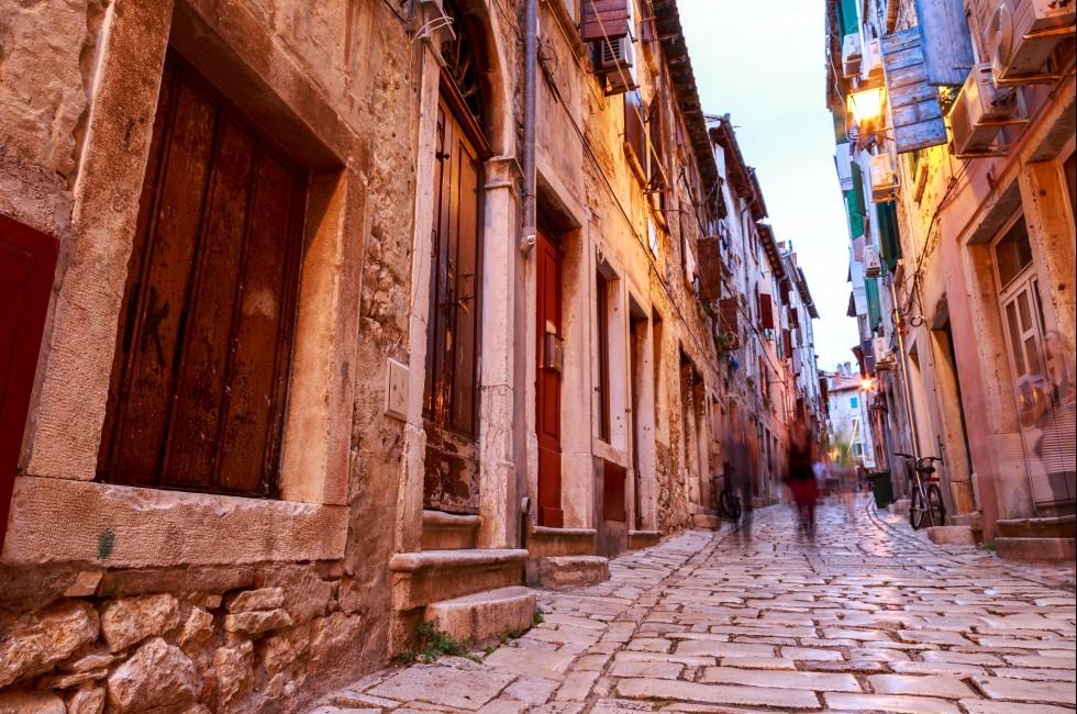 Cozy and narrow streets in Rovinj's medieval old town, Croatia