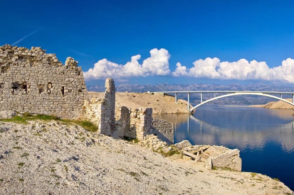 Island of Pag old desert ruins and bridge panorama view, Dalmatia, Croatia
