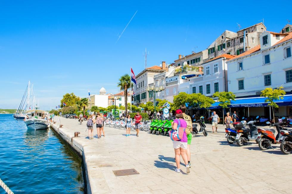 SIBENIK, CROATIA - AUG 26, 2014: Harbor in Sibenic, Croatia. Sibenic is a popular touristic destination in Croatia