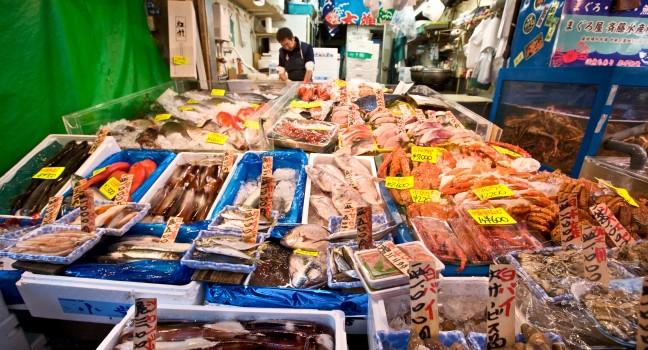 Fish for sale at the Tsukiji Wholesale Seafood and Fish Market in Tokyo Japan.
