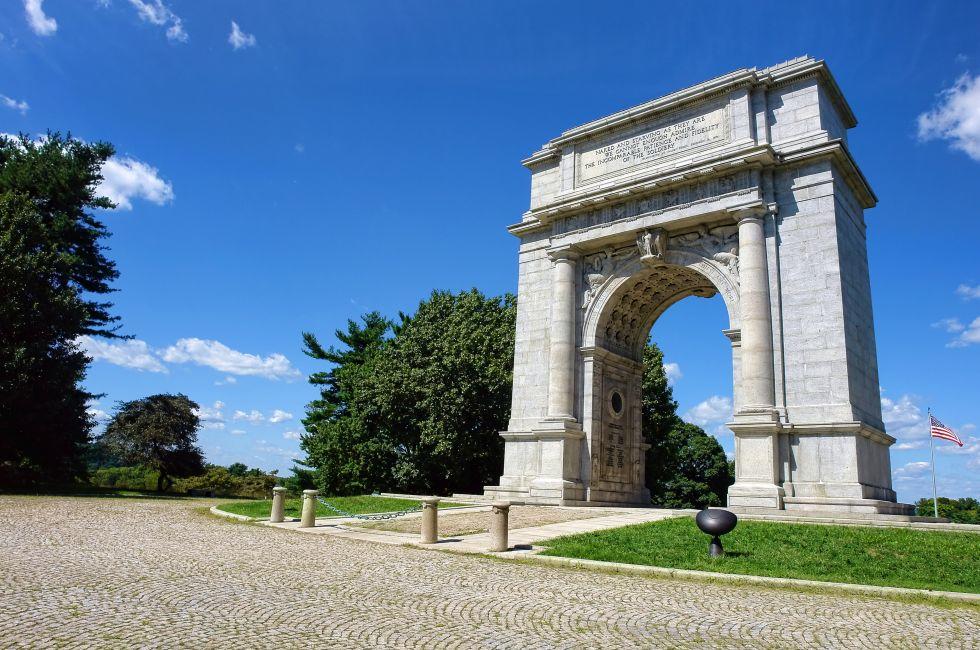National Memorial Arch monument dedicated to George Washington and the United States Continental Army in historic Valley Forge National Park near Philadelphia in Pennsylvania. 
