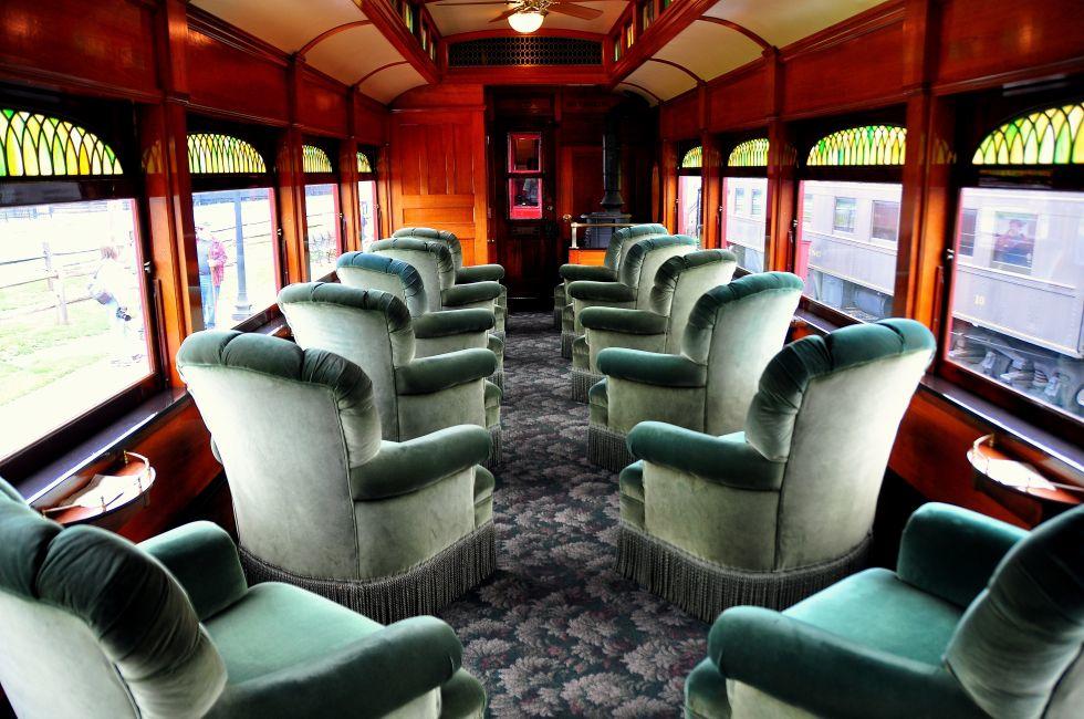 Strasburg, Pennsylvania: First Class Lounge Car with swivel chairs on a vintage Strasburg Railroad passenger car *.