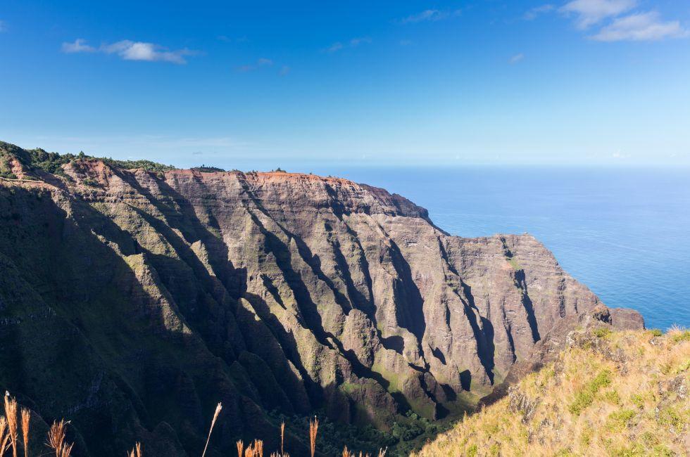 Awa`awapuhi trail from Koke'e State Park to Na Pali coast ends at Nualolo Valley overlooking Pacific ocean in Kauai, Hawaii, USA.