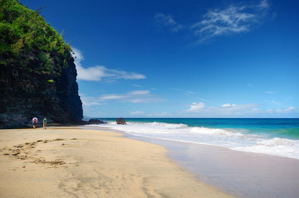 Hanakapiai beach as one of checkpoints of Kalalau trail of Napali coast, Kauai, Hawaii.