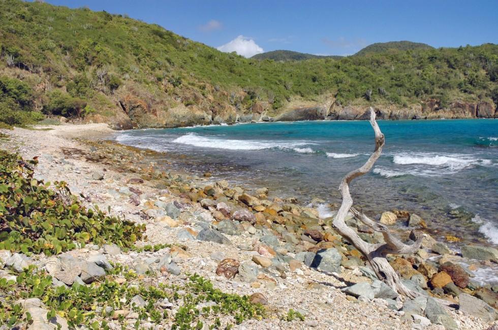 The colorful rocky shoreline at remote Reef Bay on the island of St. John in the US Virgin Islands