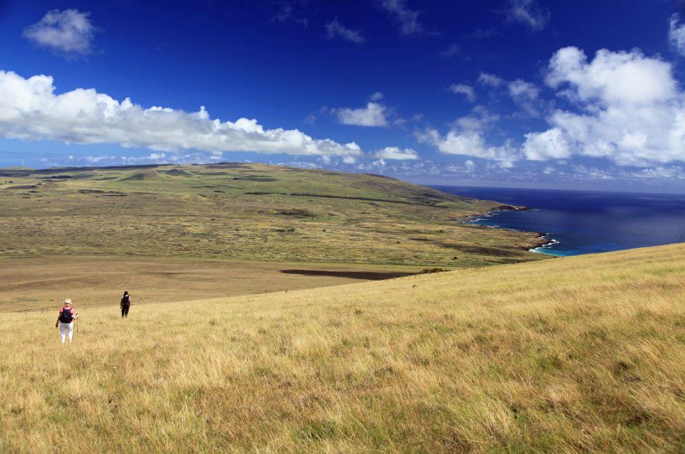 Hiking the ancient volcano on Easter Island in the South Pacific