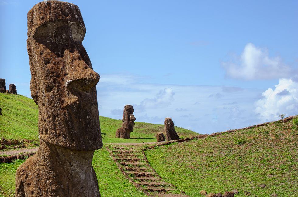  South America. Easter Island.  Mountains. Statues.