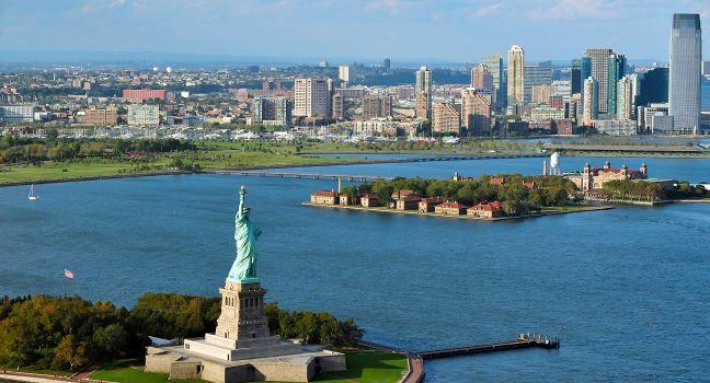 Aerial View, Statue of Liberty, Ellis Island, New York Harbour, Financial District, New York City, New York, USA, North America
