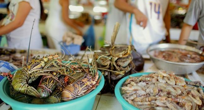 Exotic traditional seafood market on Boracay island in Philippines; 
