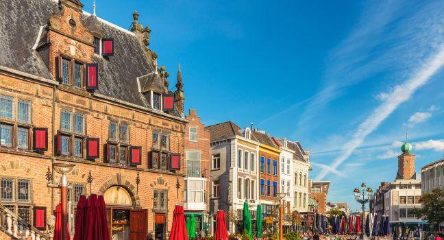 NIJMEGEN, THE NETHERLANDS - SEPTEMBER 29, 2015: The central historic square with bars and restaurants in the ancient city center of Nijmegen, The Netherlands.