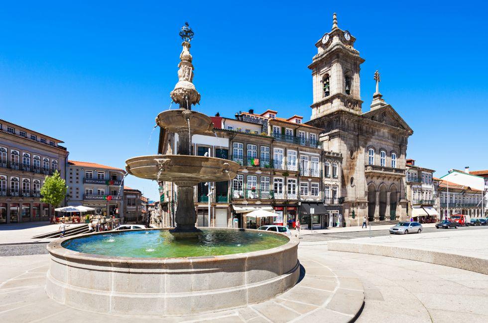 GUIMARAES, PORTUGAL - JULY 11: Toural Square (Largo do Toural) is one of the most central and important squares  on July 11, 2014 in Guimaraes, Portugal