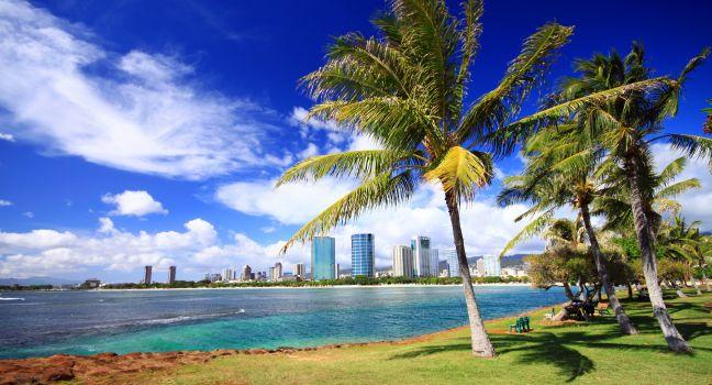 Overlooking Ala Moana Beach Park; Ala Moana, Honolulu, Honolulu and Oahu, Hawaii, USA