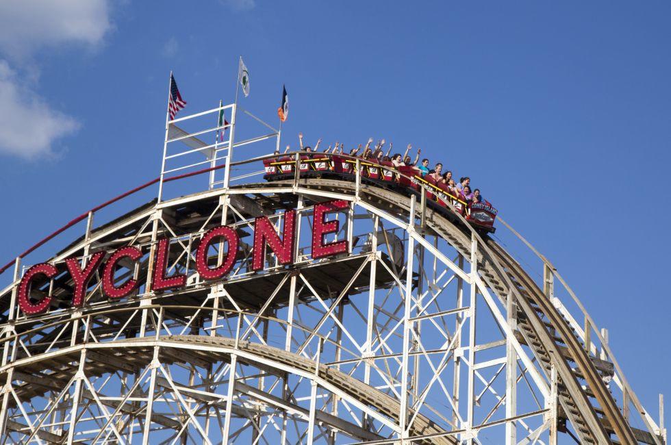 Historical landmark Cyclone roller coaster on May 17, 2014 in the Coney Island section of Brooklyn. Cyclone is a historic wooden roller coaster opened on June 26, 1927.