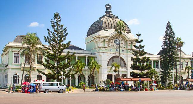 MAPUTO, MOZAMBIQUE - APRIL 29: Main railway statiion and bus terminal of Maputo, Mozambique on April 29, 2012. The station is transport hub for the country and historical landmark of colonial period; 