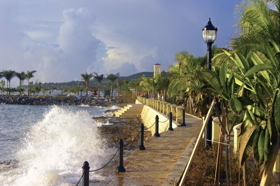 The waterfront in historic Fredriksted, St. Croix, U.S. Virgin Islands in the evening.