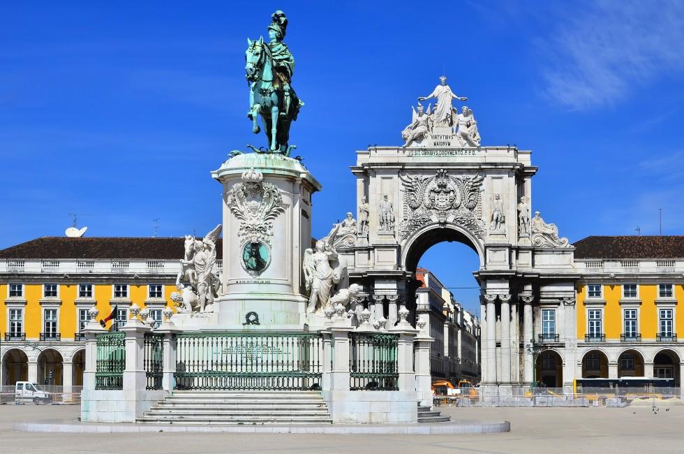 Praca do Comercio (Commerce Square) is located near Tagus River in Lisbon, Portugal. In the center is statue of  King Jose I.; Shutterstock ID 99592514; Project/Title: Fodors Portugal Gold Guide; Destination: Portugal; Downloader: Jessica Parkhill